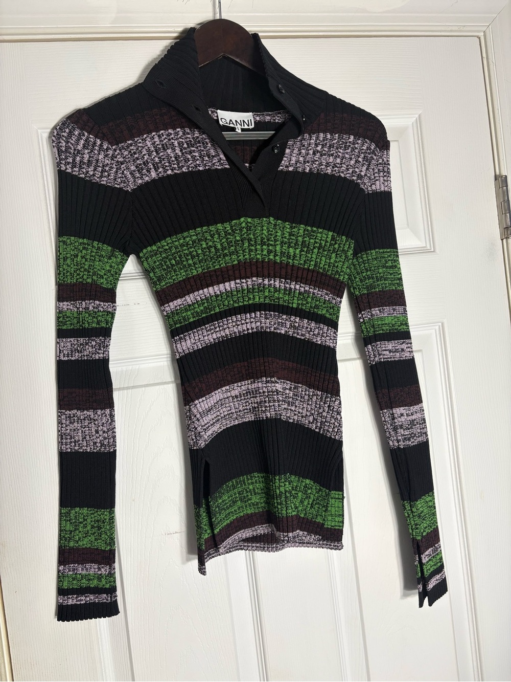 Ganni Black Ribbed Polo Sweater with Green & Lavender Stripes